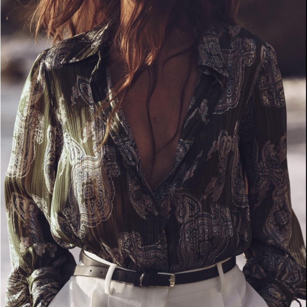 Zara Printed Multicolor Metallic Thread Paisley Print Blouse Shirt Size L NWT - Picture 6 of 14